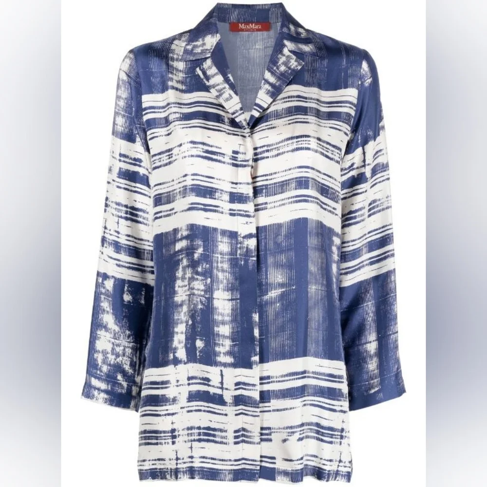 Max Mara Studio Franca Printed 100% Silk Shirt  Blouse Abstract Striped Size 10 - Picture 3 of 16